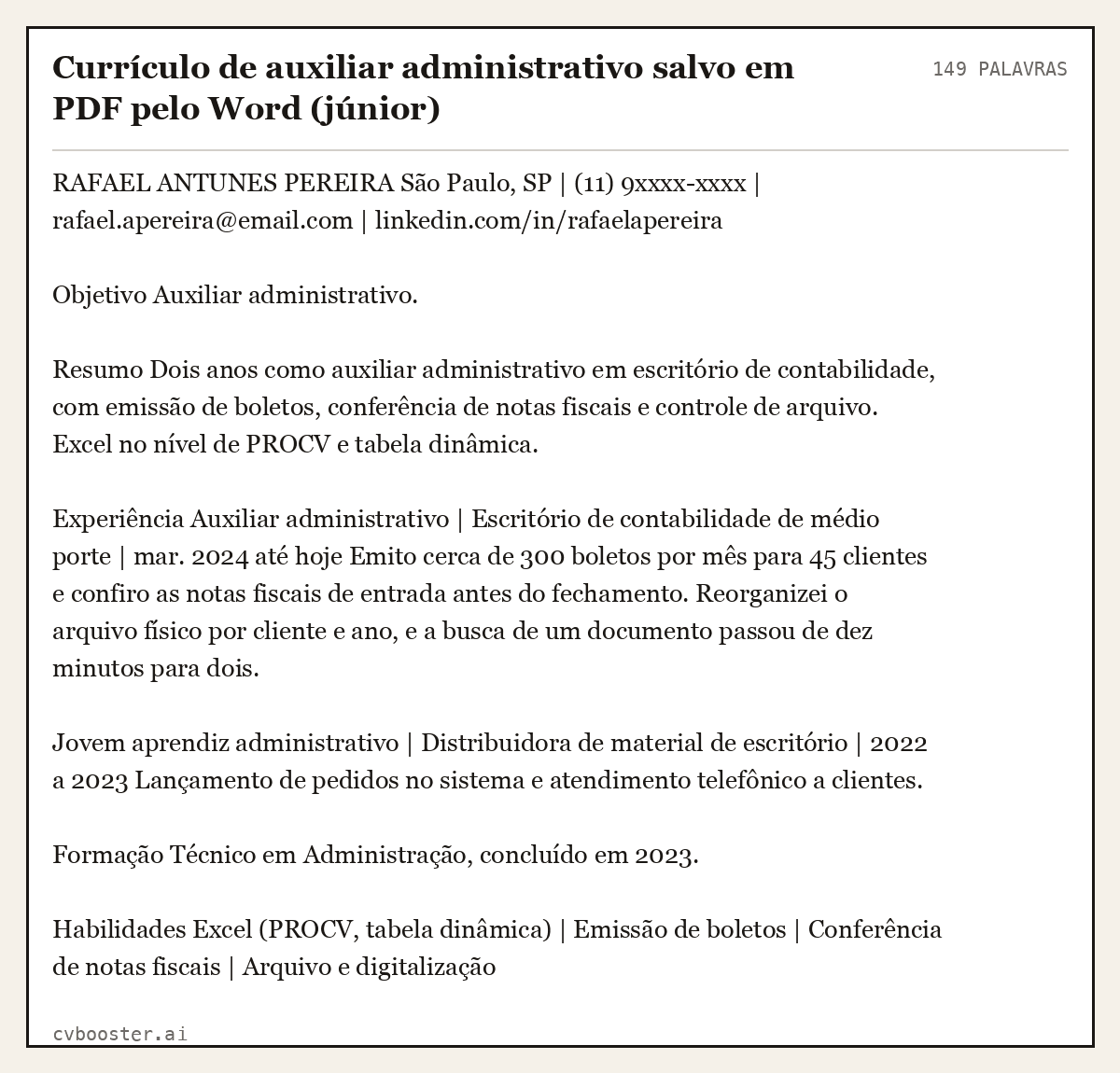 Exemplo completo: Currículo de auxiliar administrativo salvo em PDF pelo Word (júnior), 149 palavras