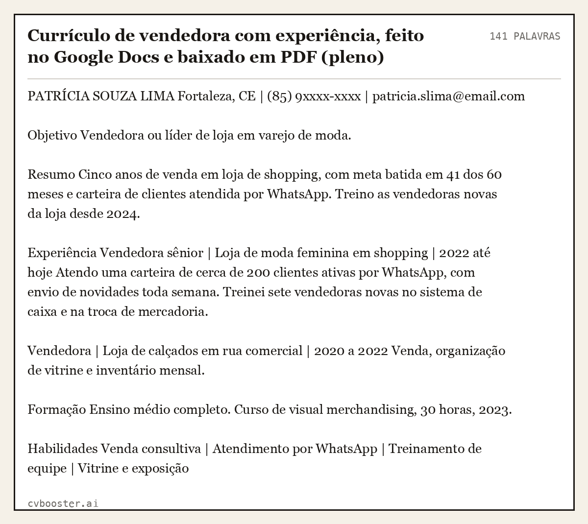 Exemplo completo: Currículo de vendedora com experiência, feito no Google Docs e baixado em PDF (pleno), 141 palavras