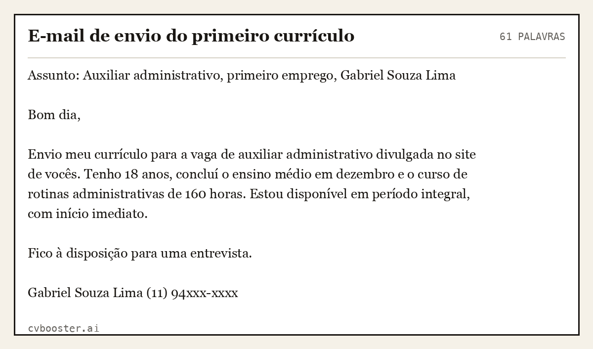 Exemplo completo: E-mail de envio do primeiro currículo, 61 palavras