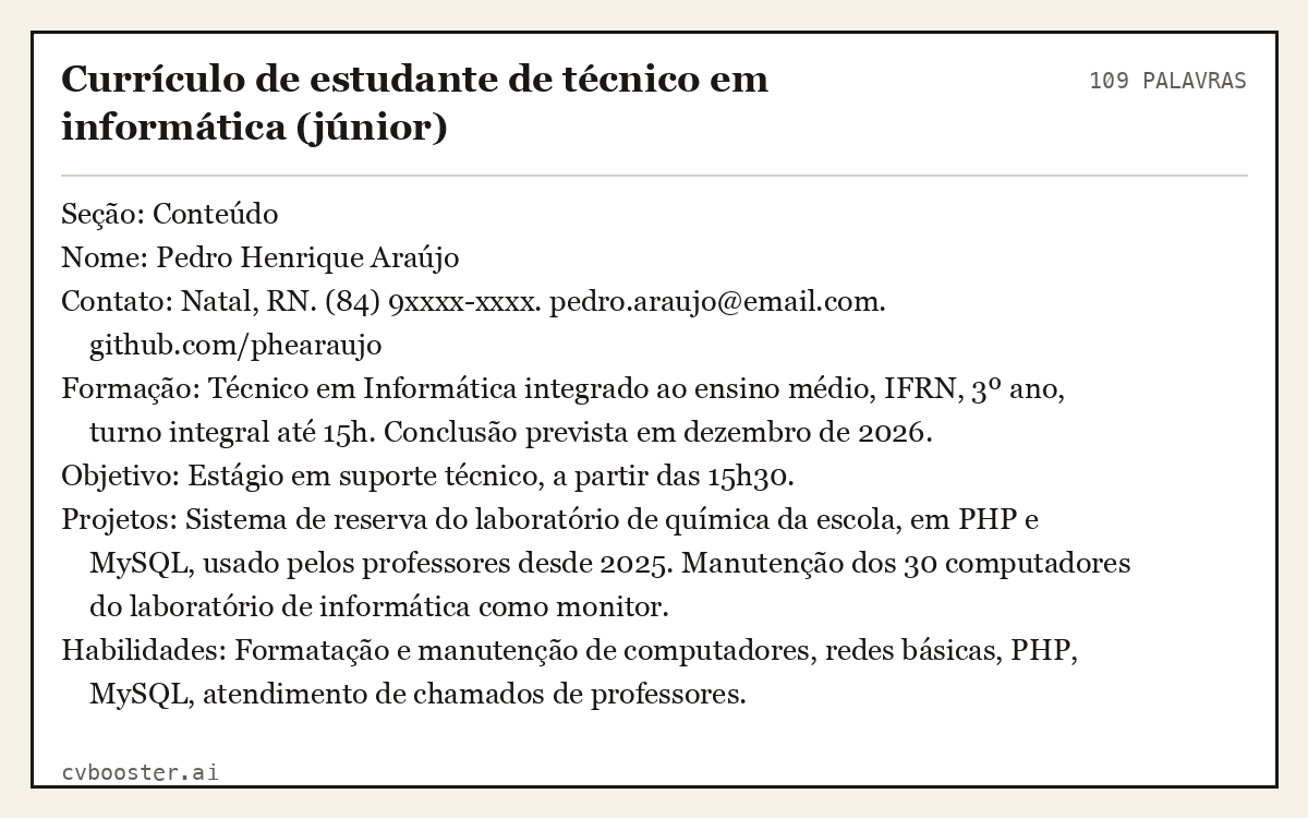 Exemplo completo: Currículo de estudante de técnico em informática (júnior), 109 palavras