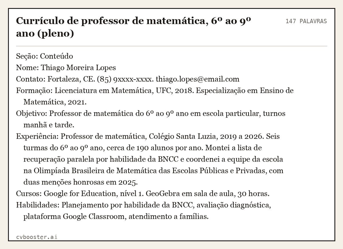Exemplo completo: Currículo de professor de matemática, 6º ao 9º ano (pleno), 147 palavras