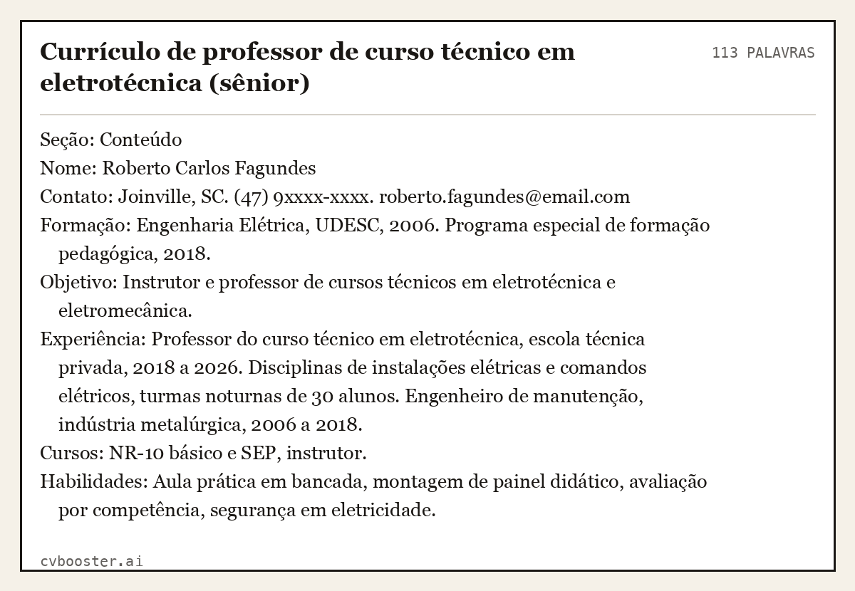 Exemplo completo: Currículo de professor de curso técnico em eletrotécnica (sênior), 113 palavras