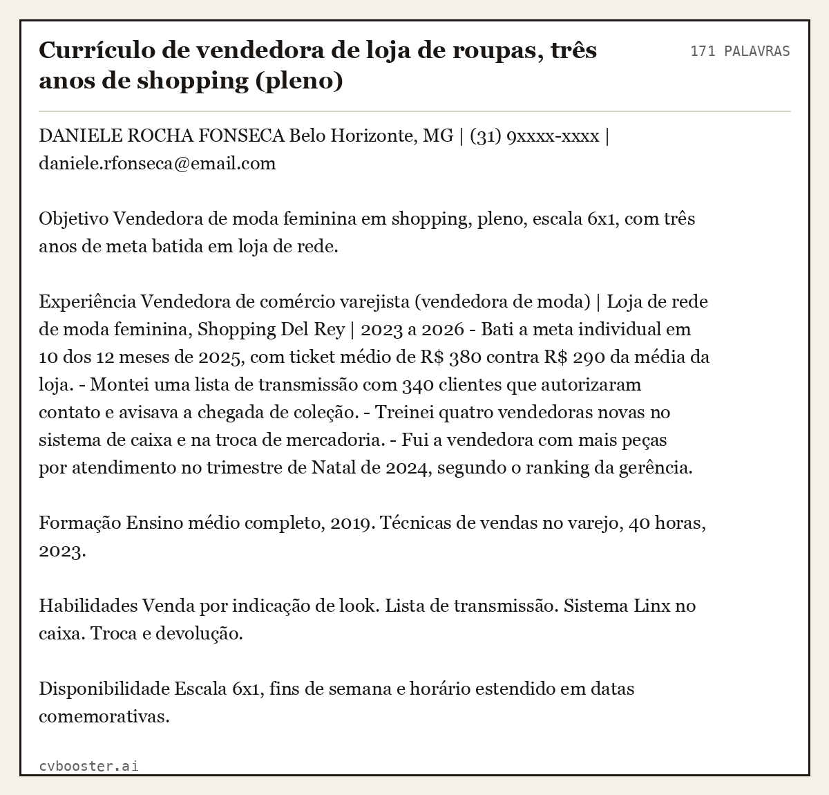 Exemplo completo: Currículo de vendedora de loja de roupas, três anos de shopping (pleno), 171 palavras