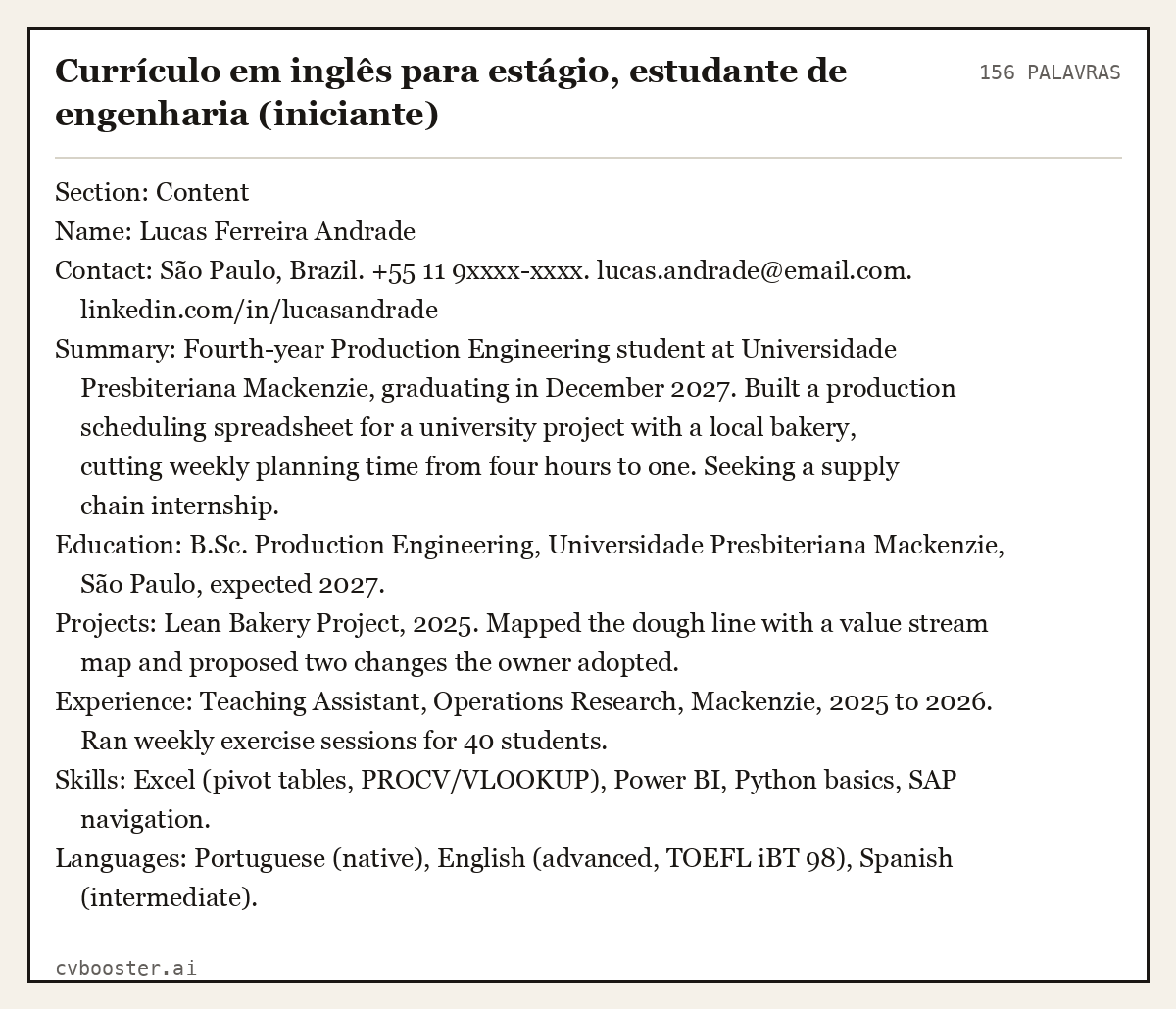 Exemplo completo: Currículo em inglês para estágio, estudante de engenharia (iniciante), 156 palavras