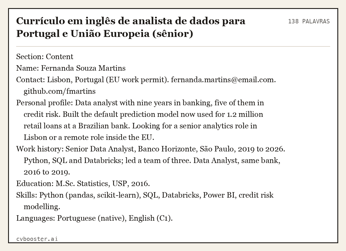 Exemplo completo: Currículo em inglês de analista de dados para Portugal e União Europeia (sênior), 138 palavras