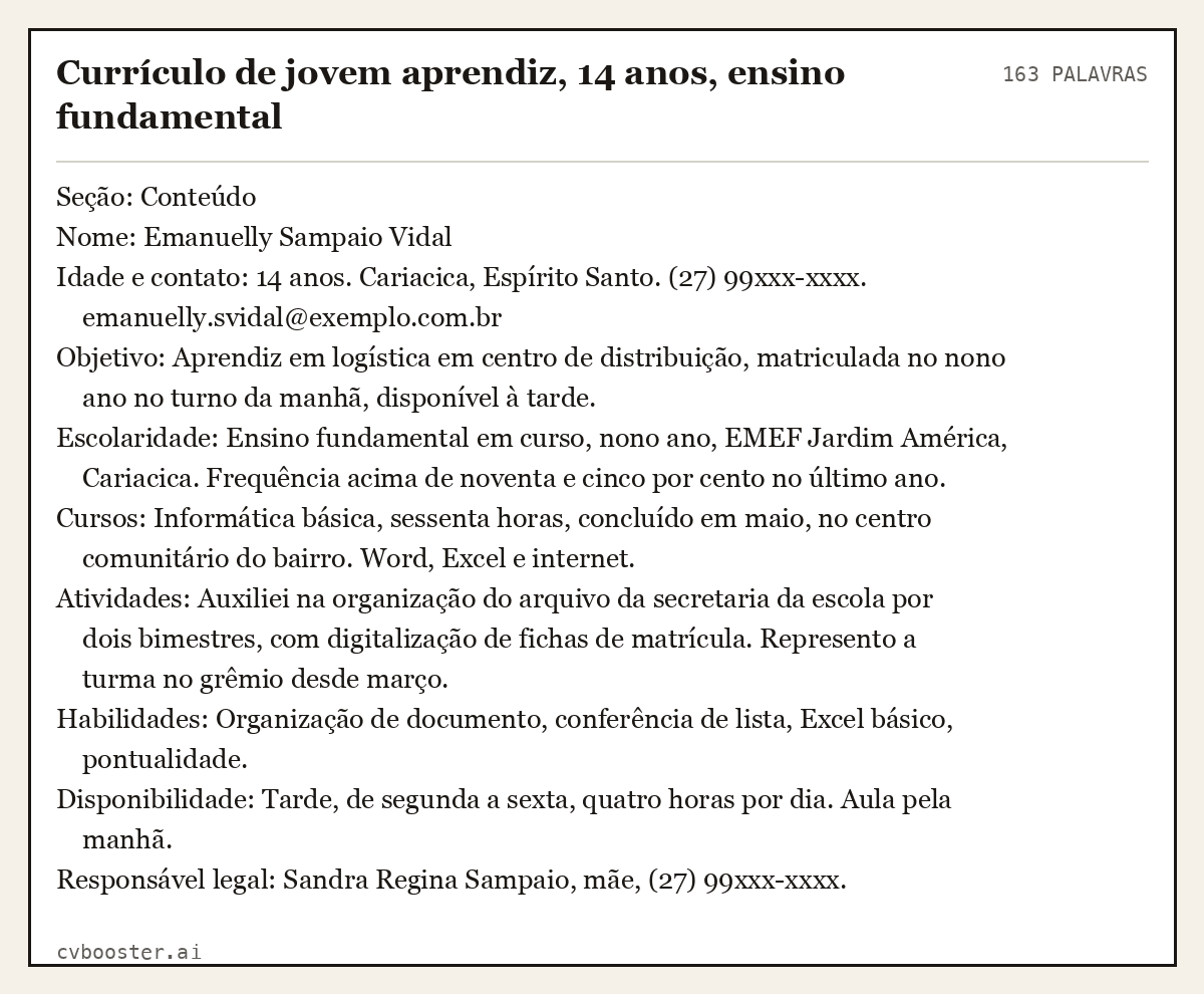 Exemplo completo: Currículo de jovem aprendiz, 14 anos, ensino fundamental, 163 palavras