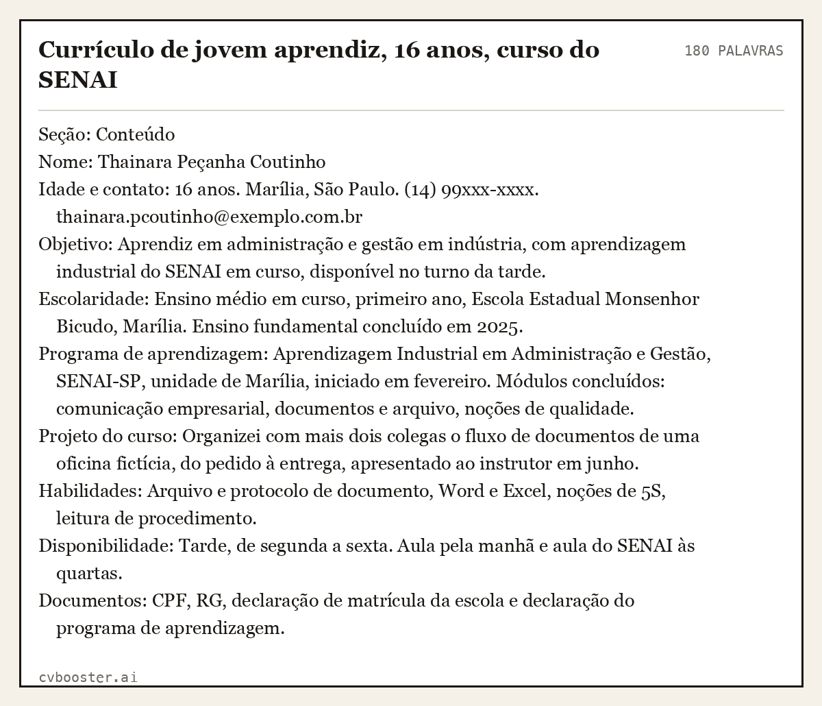 Exemplo completo: Currículo de jovem aprendiz, 16 anos, curso do SENAI, 180 palavras