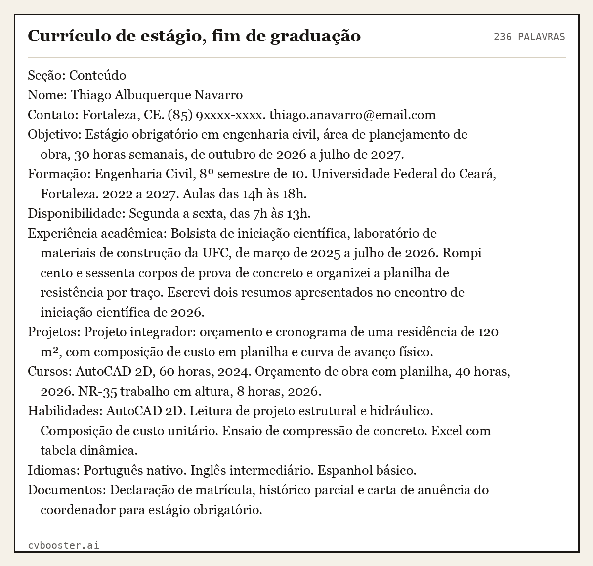 Exemplo completo: Currículo de estágio, fim de graduação, 236 palavras