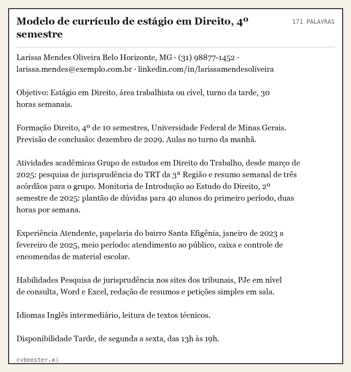 Exemplo completo: Modelo de currículo de estágio em Direito, 4º semestre, 171 palavras
