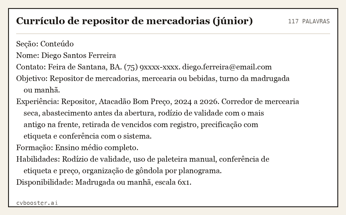 Exemplo completo: Currículo de repositor de mercadorias (júnior), 117 palavras