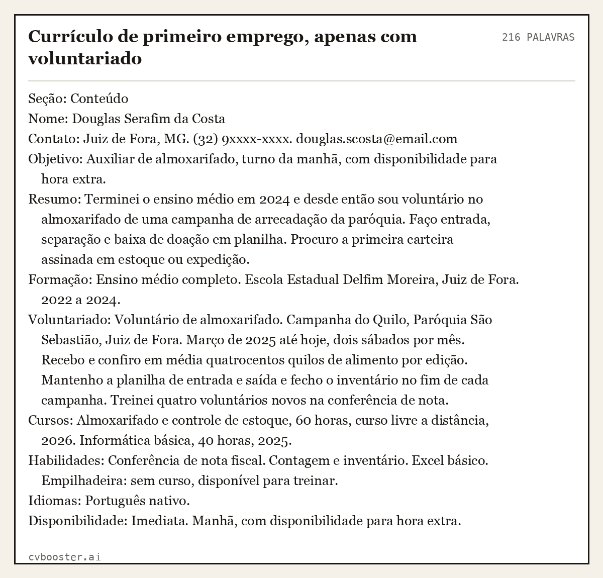 Exemplo completo: Currículo de primeiro emprego, apenas com voluntariado, 216 palavras