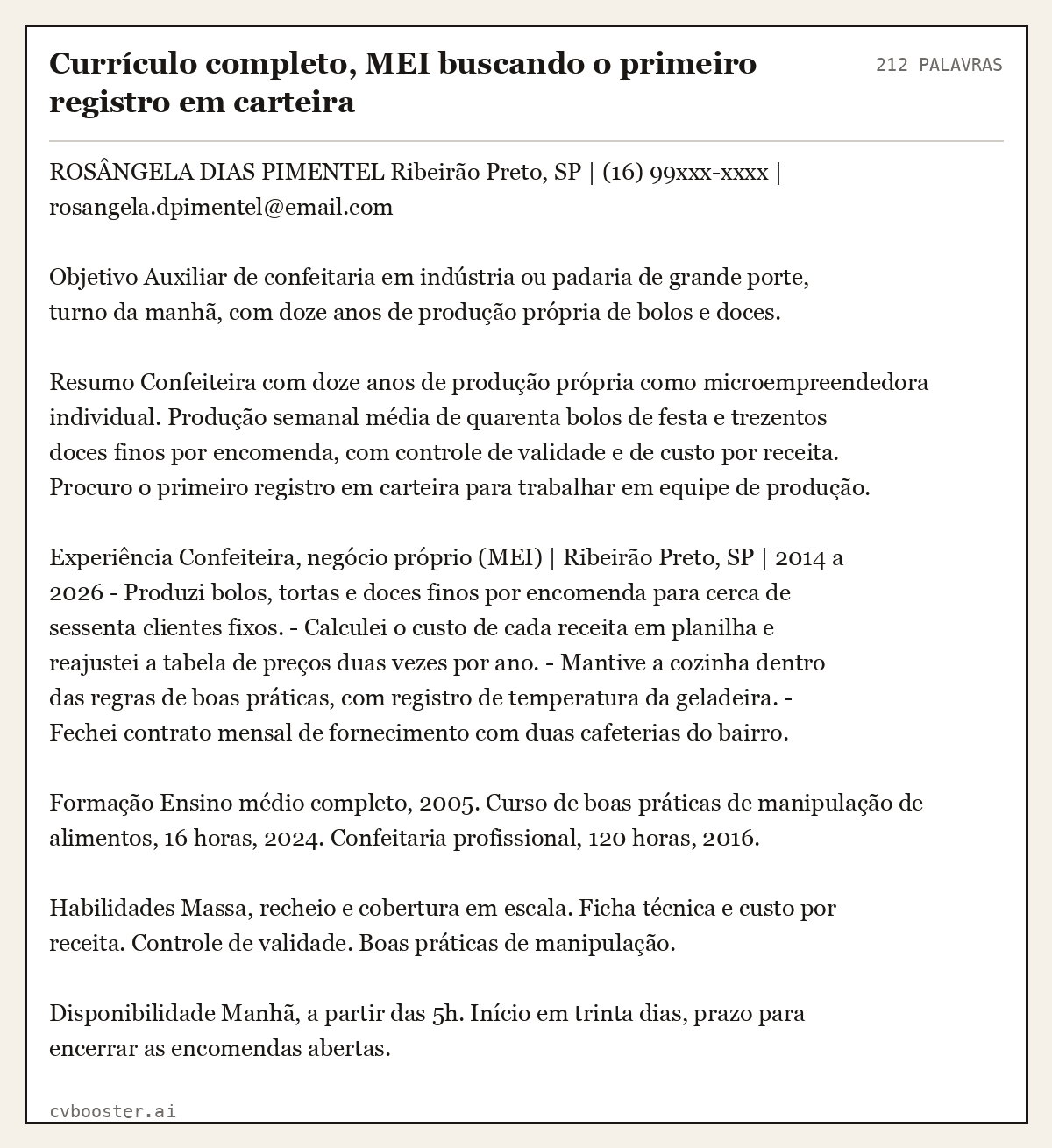 Exemplo completo: Currículo completo, MEI buscando o primeiro registro em carteira, 212 palavras