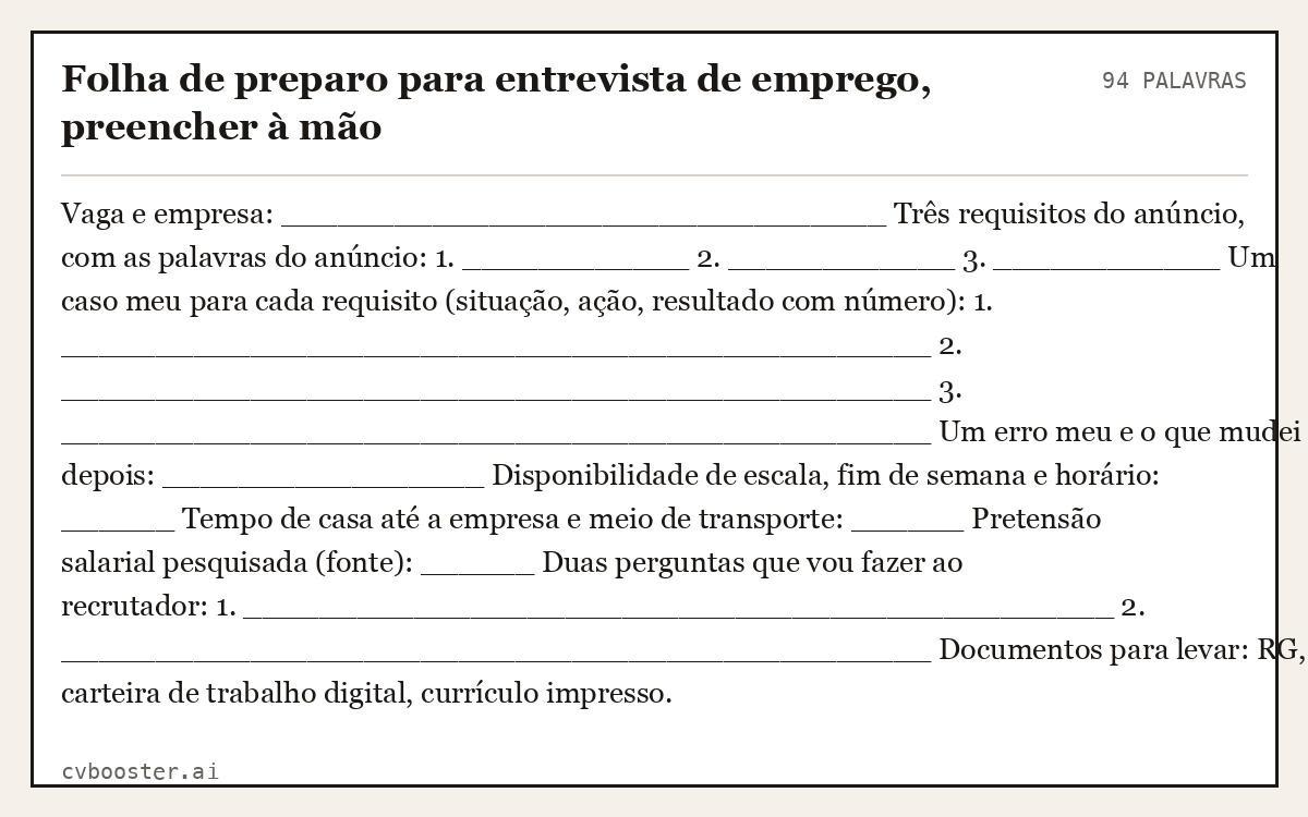 Exemplo completo: Folha de preparo para entrevista de emprego, preencher à mão, 94 palavras