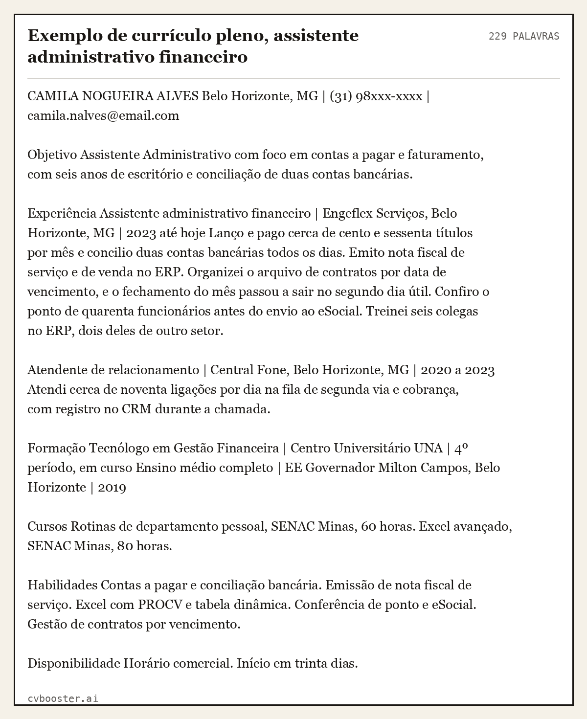 Exemplo completo: Exemplo de currículo pleno, assistente administrativo financeiro, 229 palavras