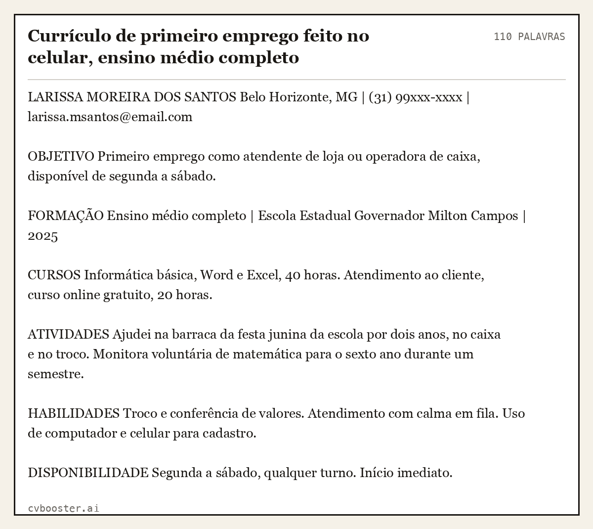 Exemplo completo: Currículo de primeiro emprego feito no celular, ensino médio completo, 110 palavras