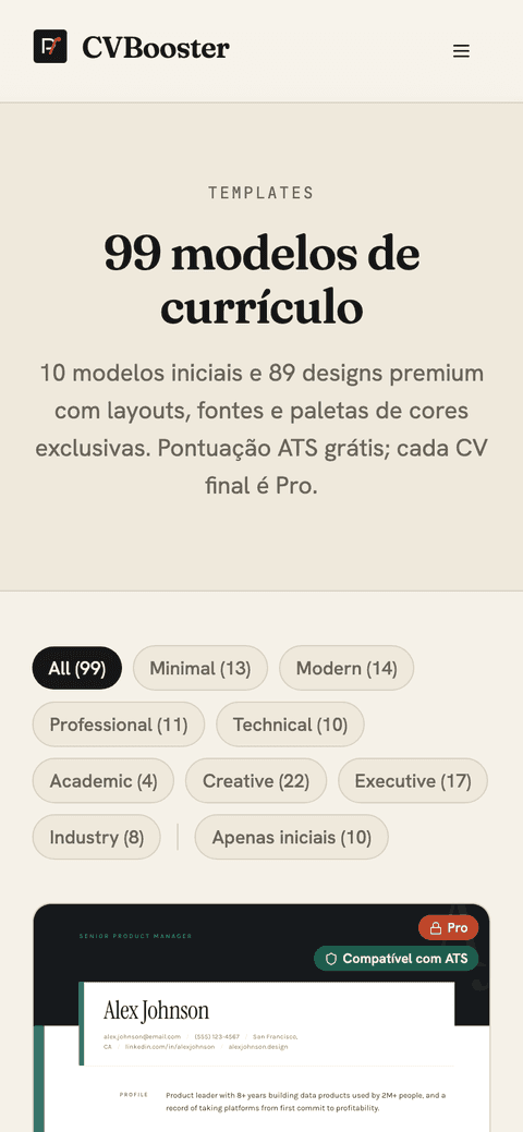 Página de modelos do CVBooster no celular: 99 modelos, 10 iniciais e 89 premium