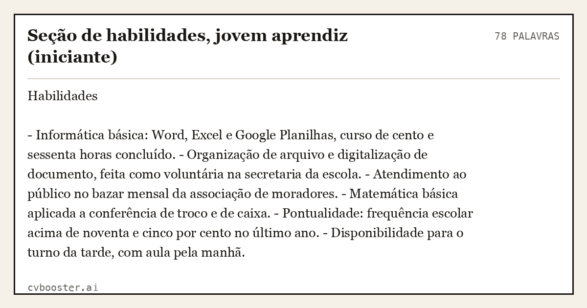 Exemplo completo: Seção de habilidades, jovem aprendiz (iniciante), 78 palavras