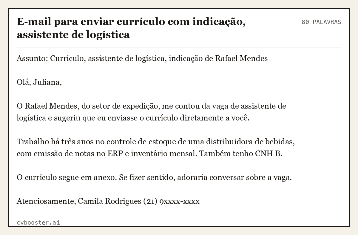 Exemplo completo: E-mail para enviar currículo com indicação, assistente de logística, 80 palavras