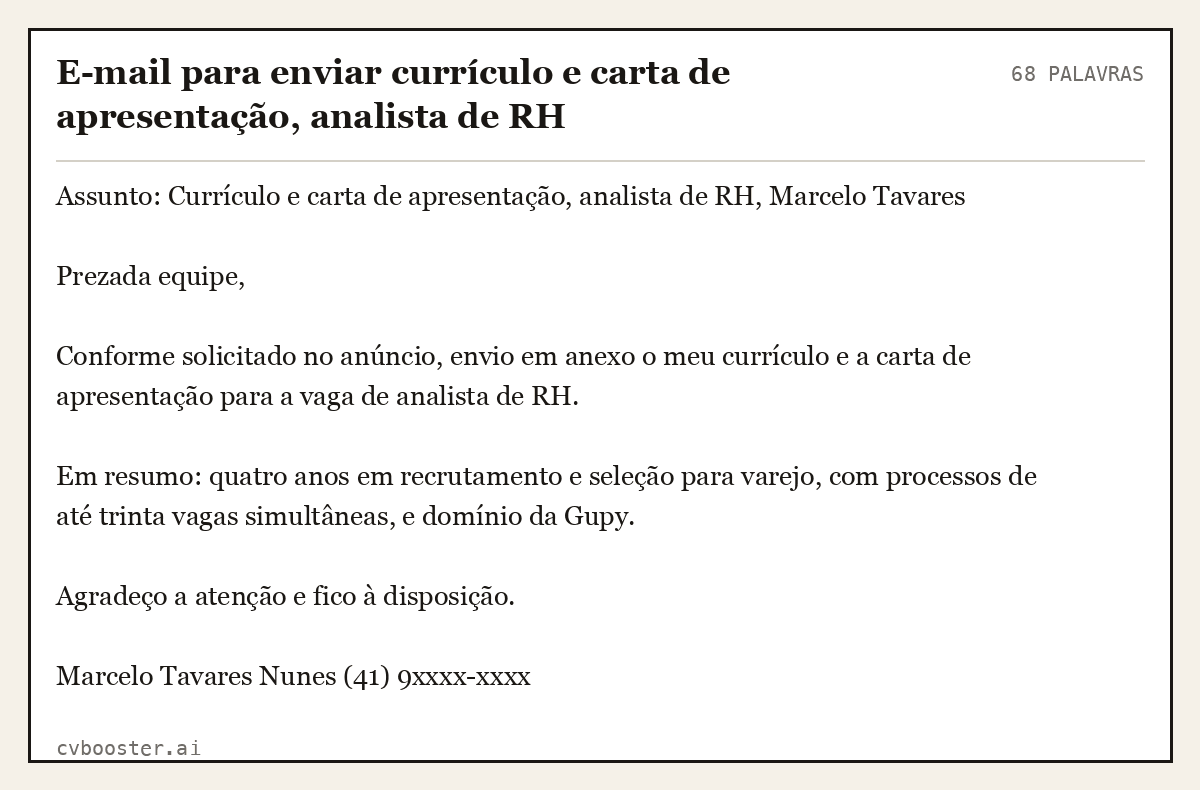 Exemplo completo: E-mail para enviar currículo e carta de apresentação, analista de RH, 68 palavras