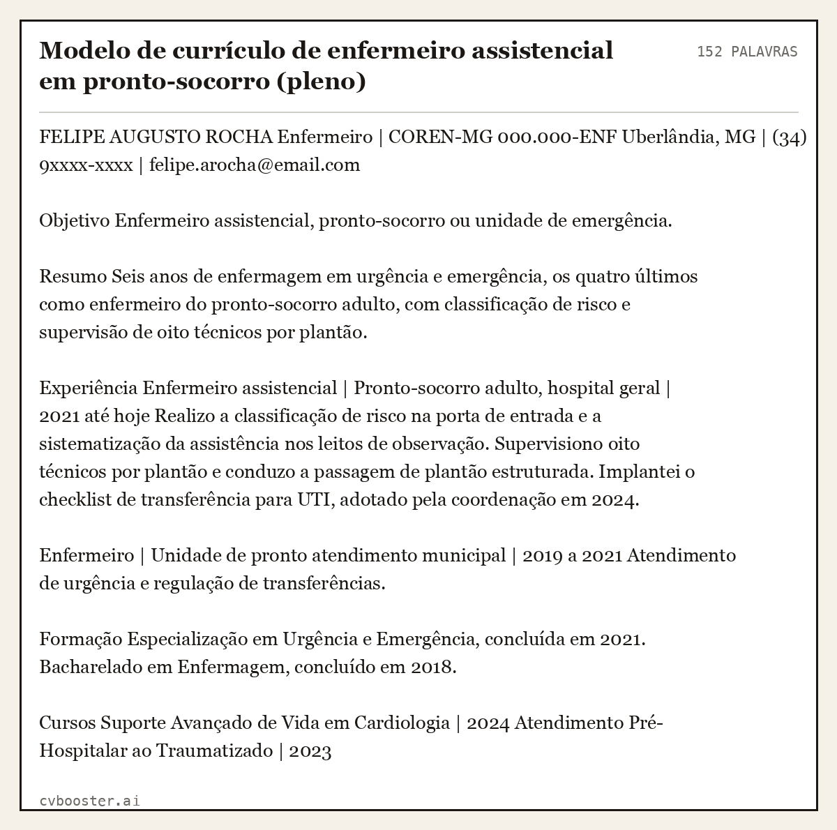 Exemplo completo: Modelo de currículo de enfermeiro assistencial em pronto-socorro (pleno), 152 palavras