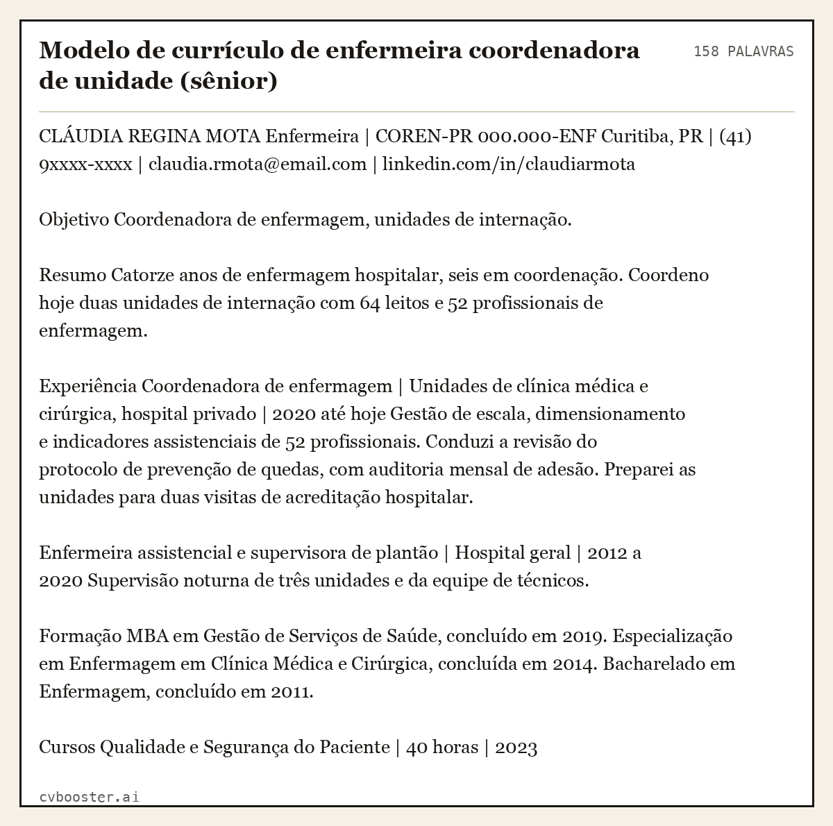 Exemplo completo: Modelo de currículo de enfermeira coordenadora de unidade (sênior), 158 palavras