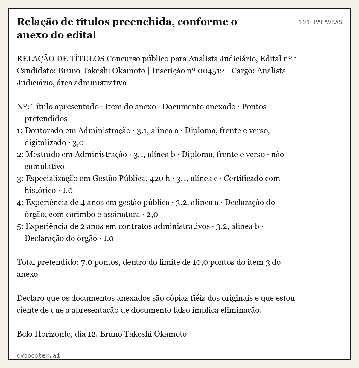 Exemplo completo: Relação de títulos preenchida, conforme o anexo do edital, 191 palavras