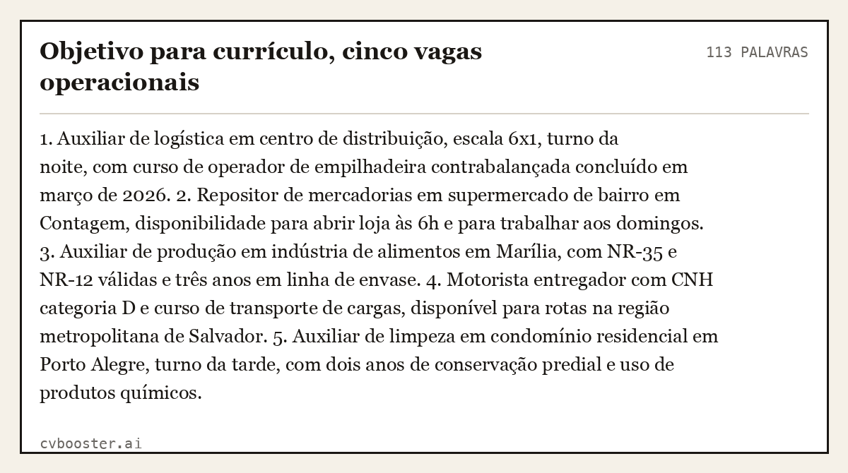 Exemplo completo: Objetivo para currículo, cinco vagas operacionais, 113 palavras