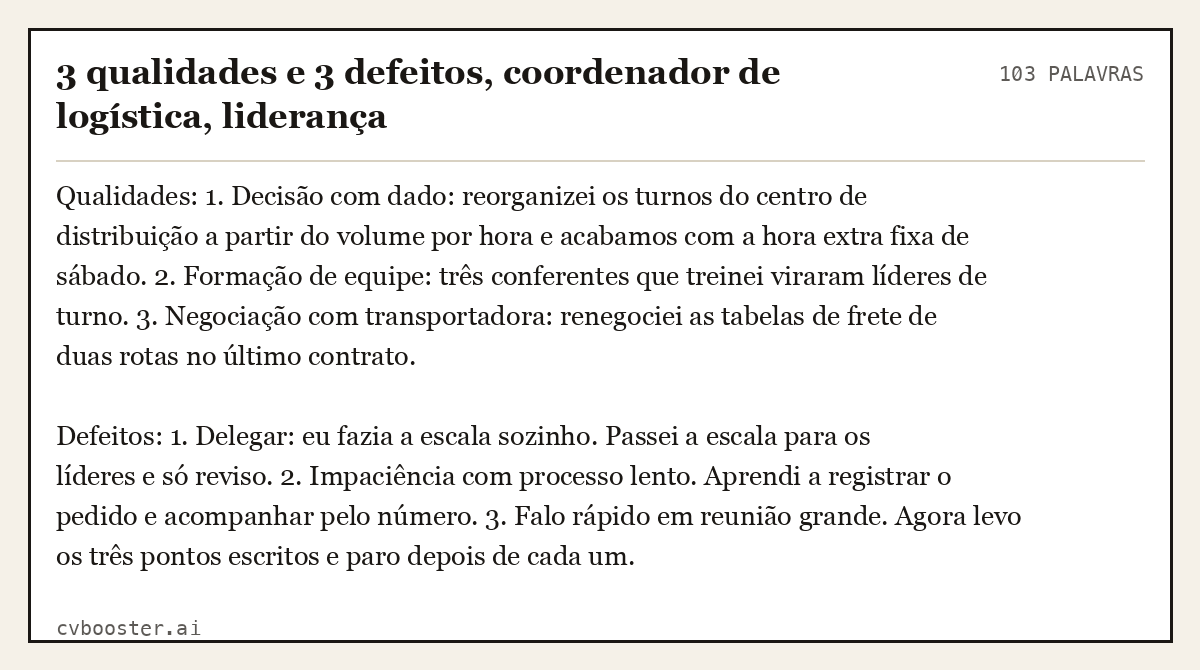 Exemplo completo: 3 qualidades e 3 defeitos, coordenador de logística, liderança, 103 palavras