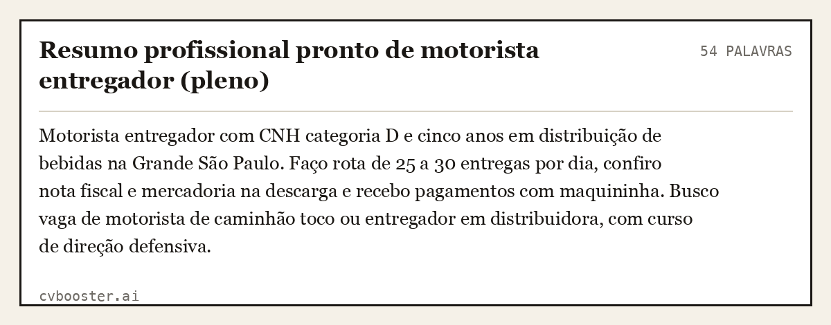 Exemplo completo: Resumo profissional pronto de motorista entregador (pleno), 54 palavras