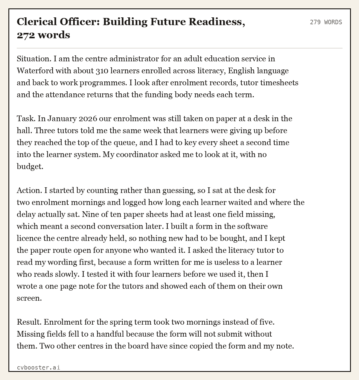 Complete Clerical Officer: Building Future Readiness example, 279 words, laid out as it would sit in the application form