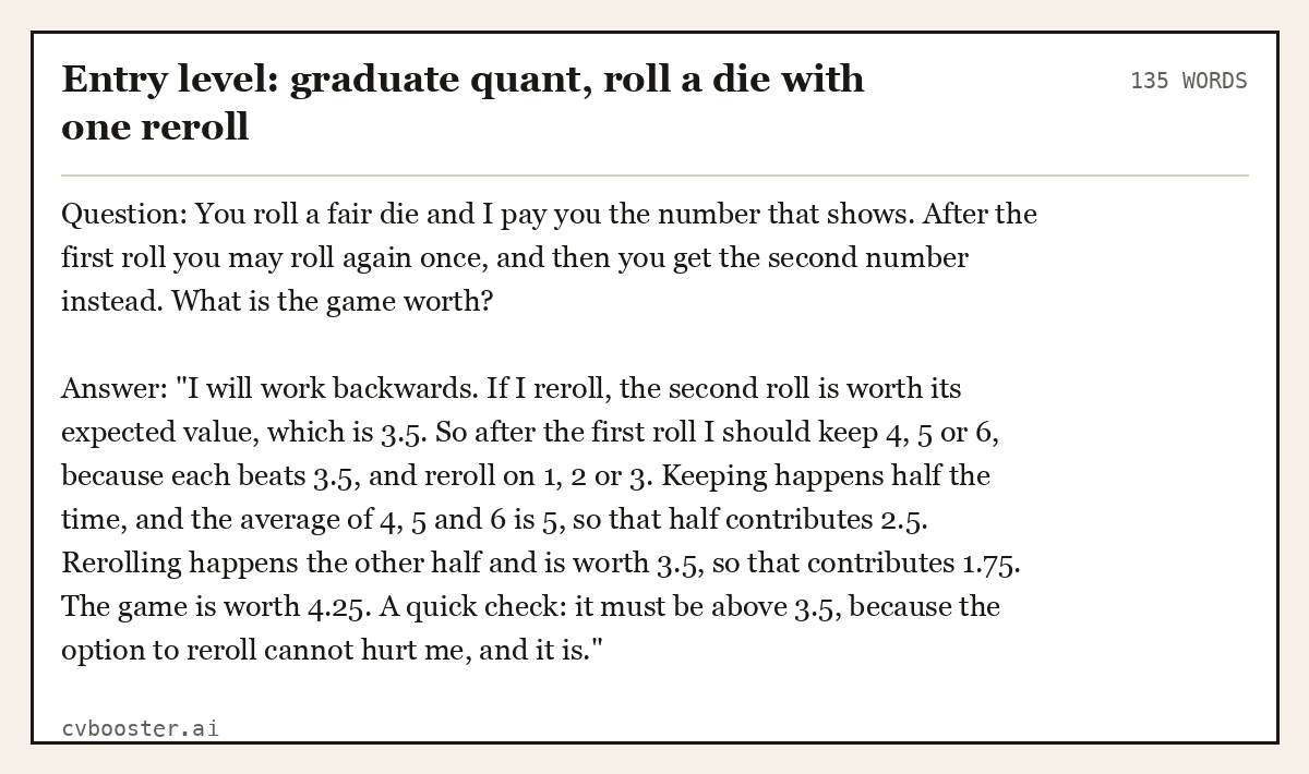Complete Entry level: graduate quant, roll a die with one reroll example, 135 words, laid out as it would sit in the application form