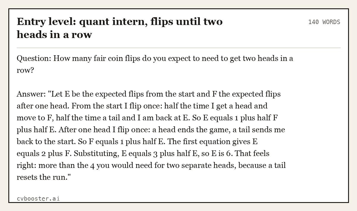Complete Entry level: quant intern, flips until two heads in a row example, 140 words, laid out as it would sit in the application form