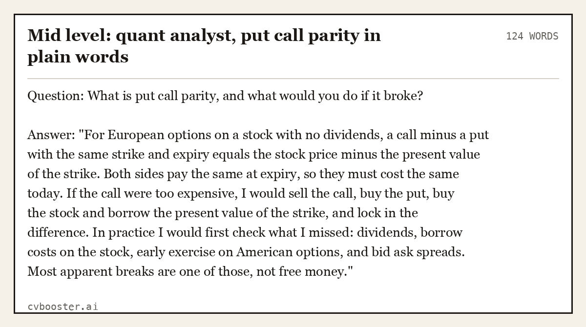 Complete Mid level: quant analyst, put call parity in plain words example, 124 words, laid out as it would sit in the application form