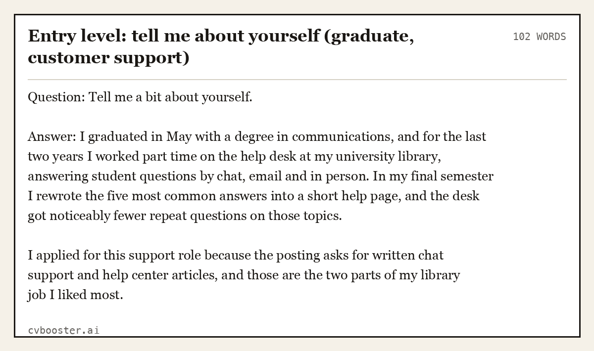 Complete Entry level: tell me about yourself (graduate, customer support) example, 102 words, laid out as it would sit in the application form