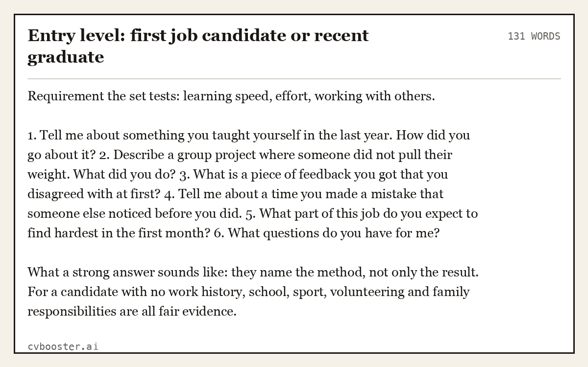 Complete Entry level: first job candidate or recent graduate example, 131 words, laid out as it would sit in the application form