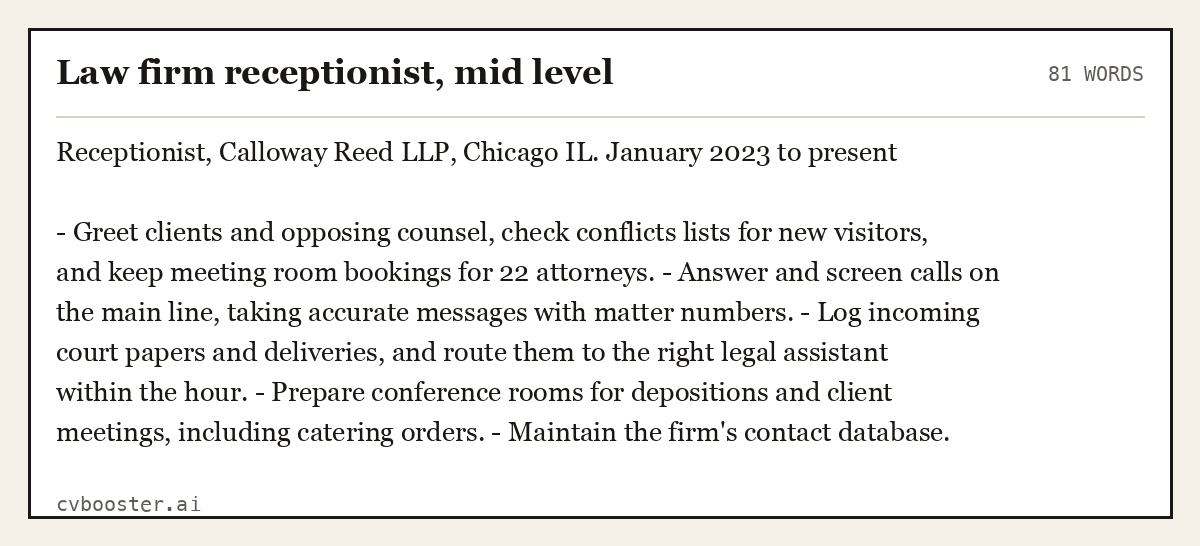 Complete Law firm receptionist, mid level example, 81 words, laid out as it would sit in the application form