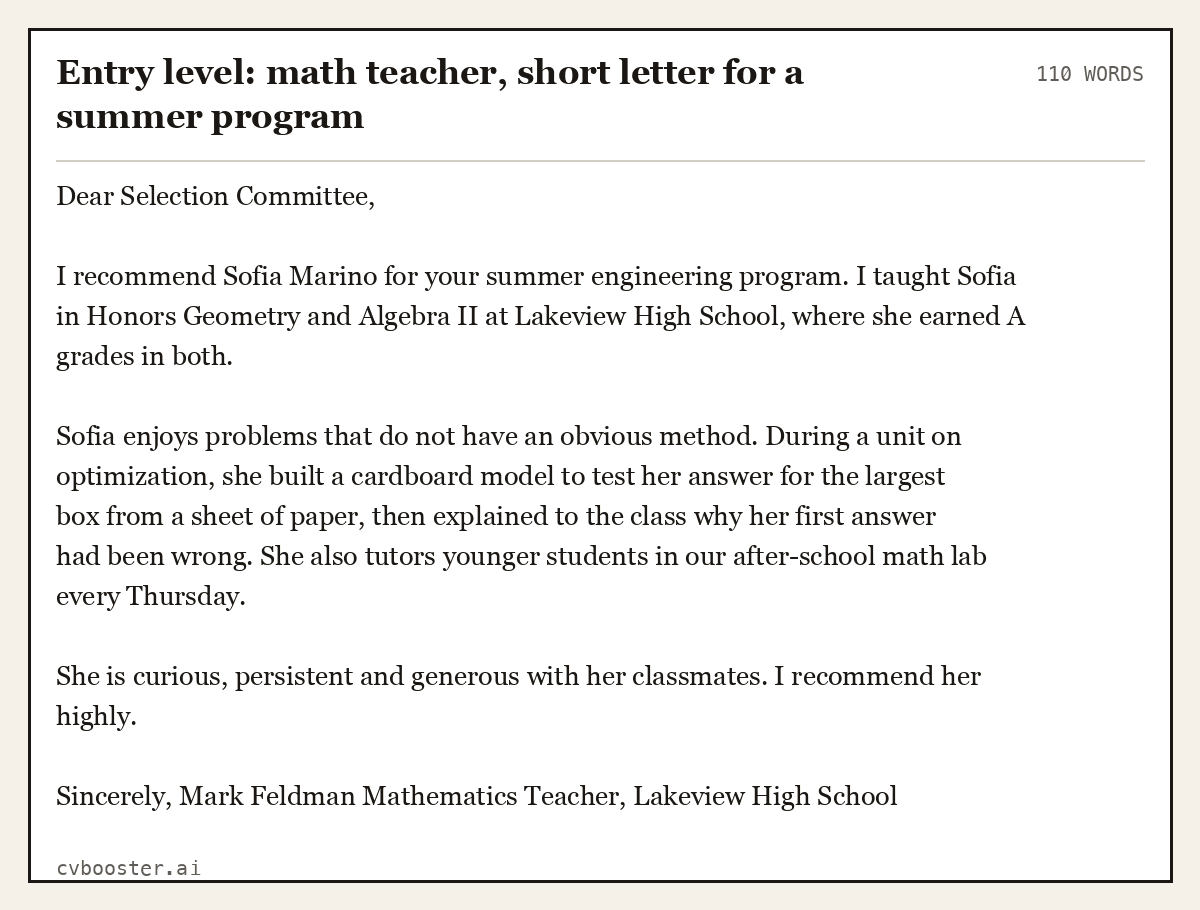 Complete Entry level: math teacher, short letter for a summer program example, 110 words, laid out as it would sit in the application form