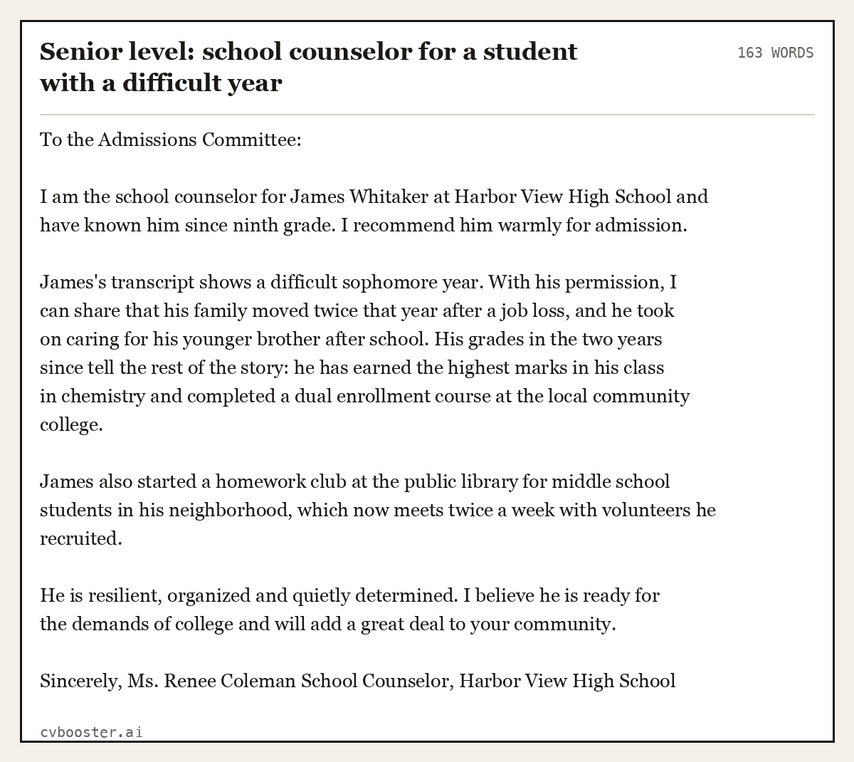 Complete Senior level: school counselor for a student with a difficult year example, 163 words, laid out as it would sit in the application form