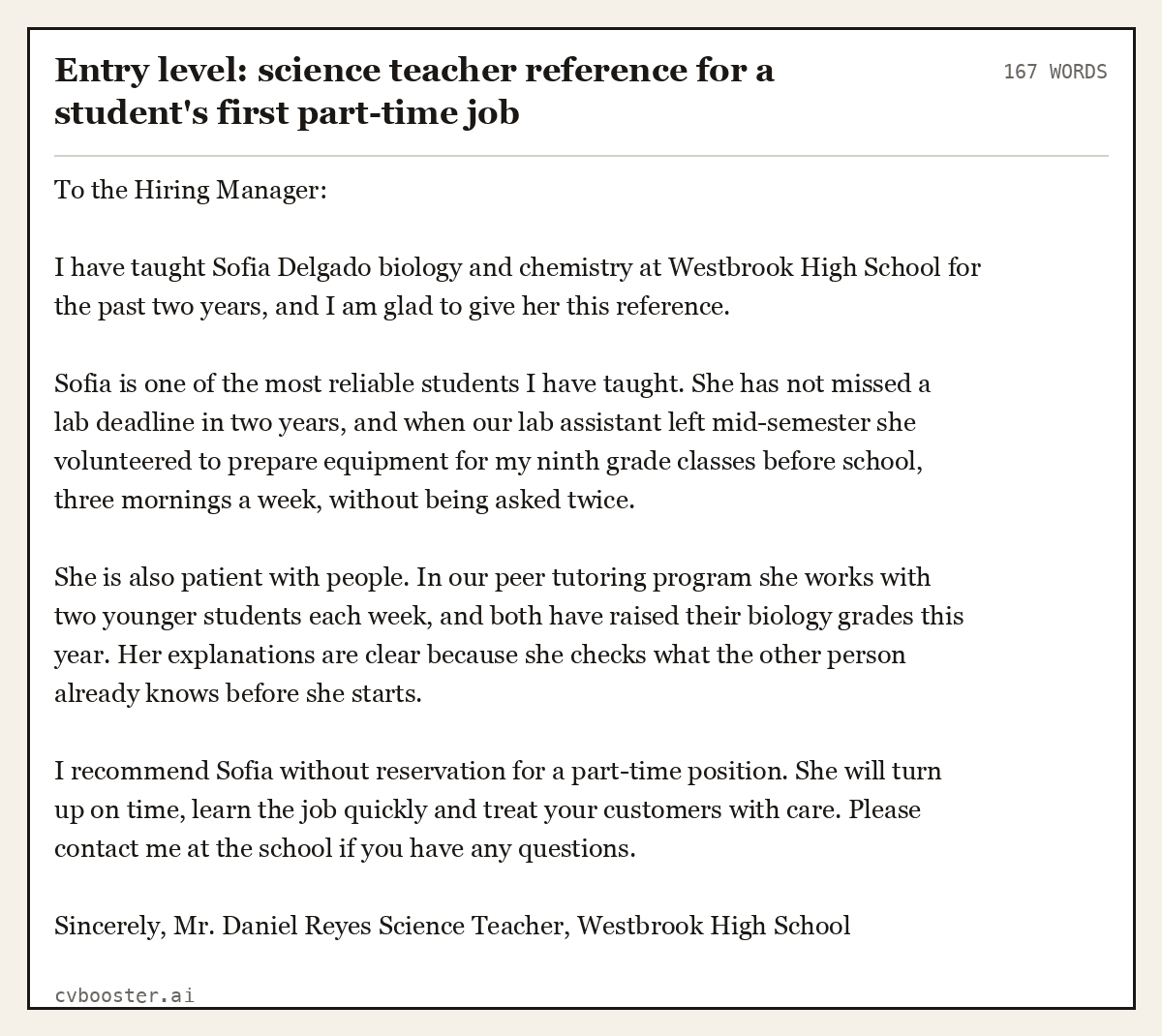 Complete Entry level: science teacher reference for a student's first part-time job example, 167 words, laid out as it would sit in the application form