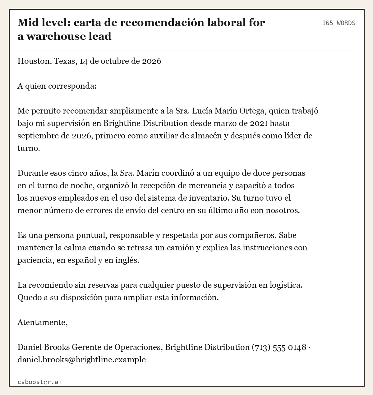 Complete Mid level: carta de recomendación laboral for a warehouse lead example, 165 words, laid out as it would sit in the application form