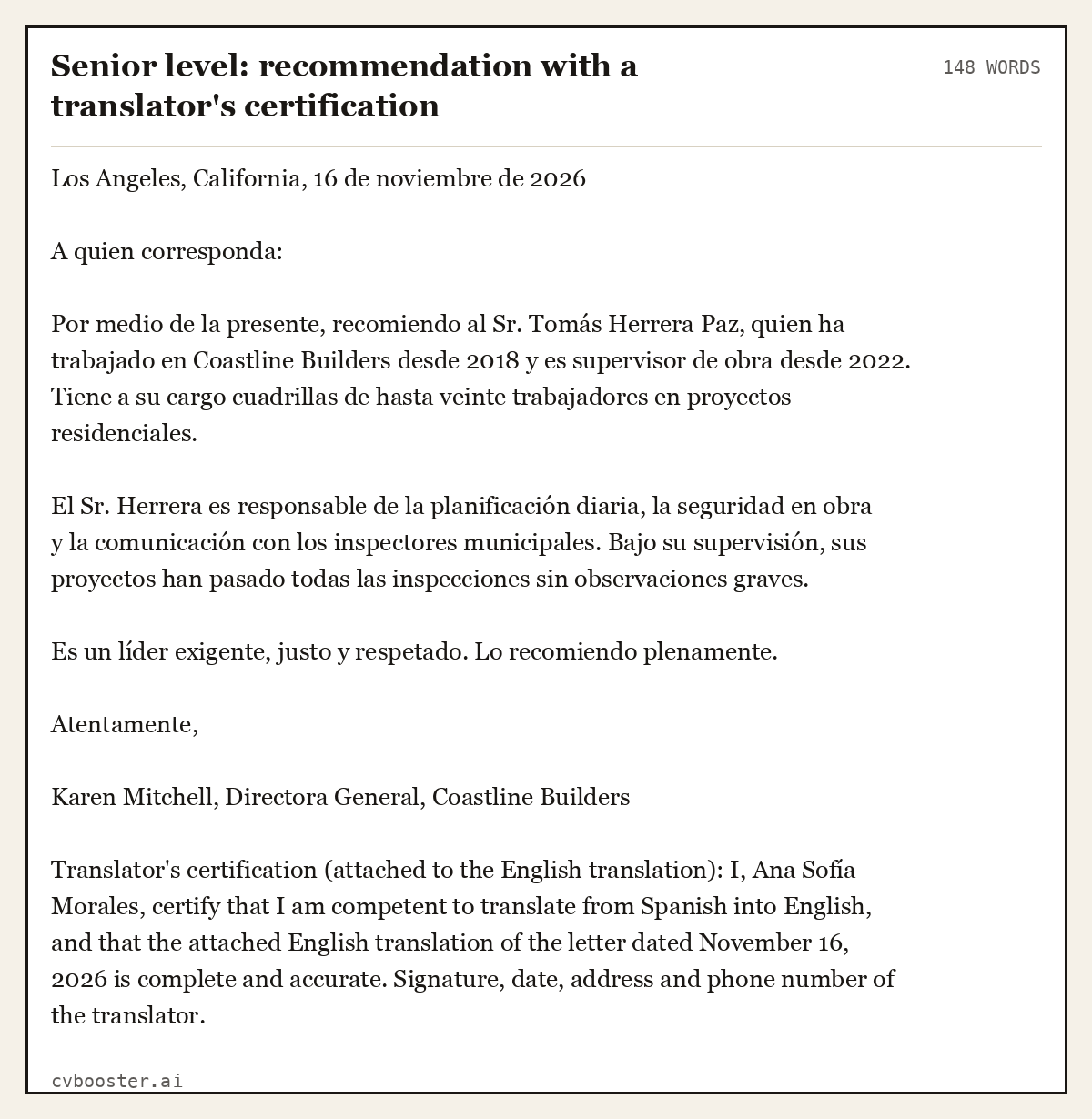 Complete Senior level: recommendation with a translator's certification example, 148 words, laid out as it would sit in the application form
