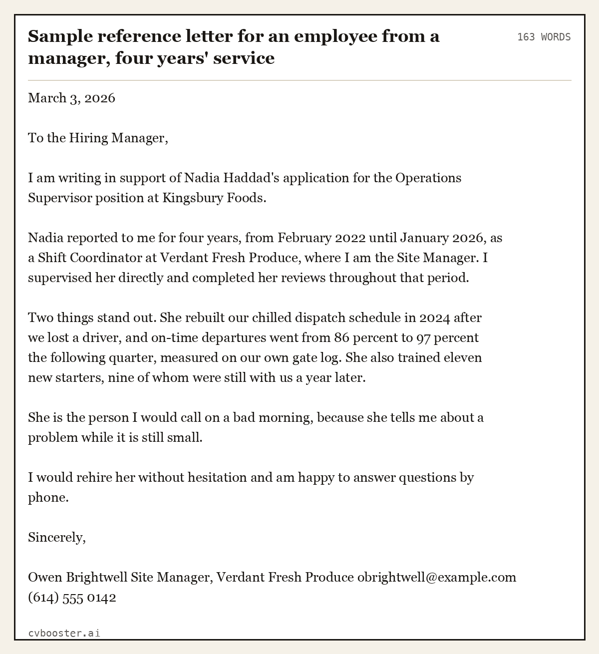 Complete Sample reference letter for an employee from a manager, four years' service example, 163 words, laid out as it would sit in the application form