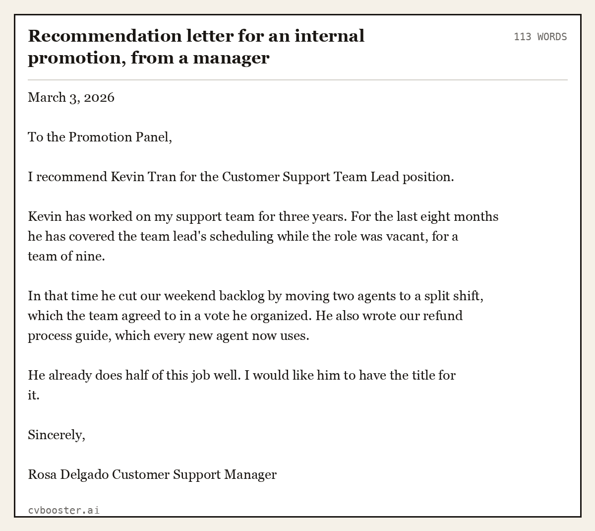 Complete Recommendation letter for an internal promotion, from a manager example, 113 words, laid out as it would sit in the application form