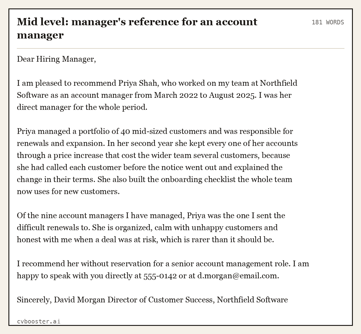 Complete Mid level: manager's reference for an account manager example, 181 words, laid out as it would sit in the application form