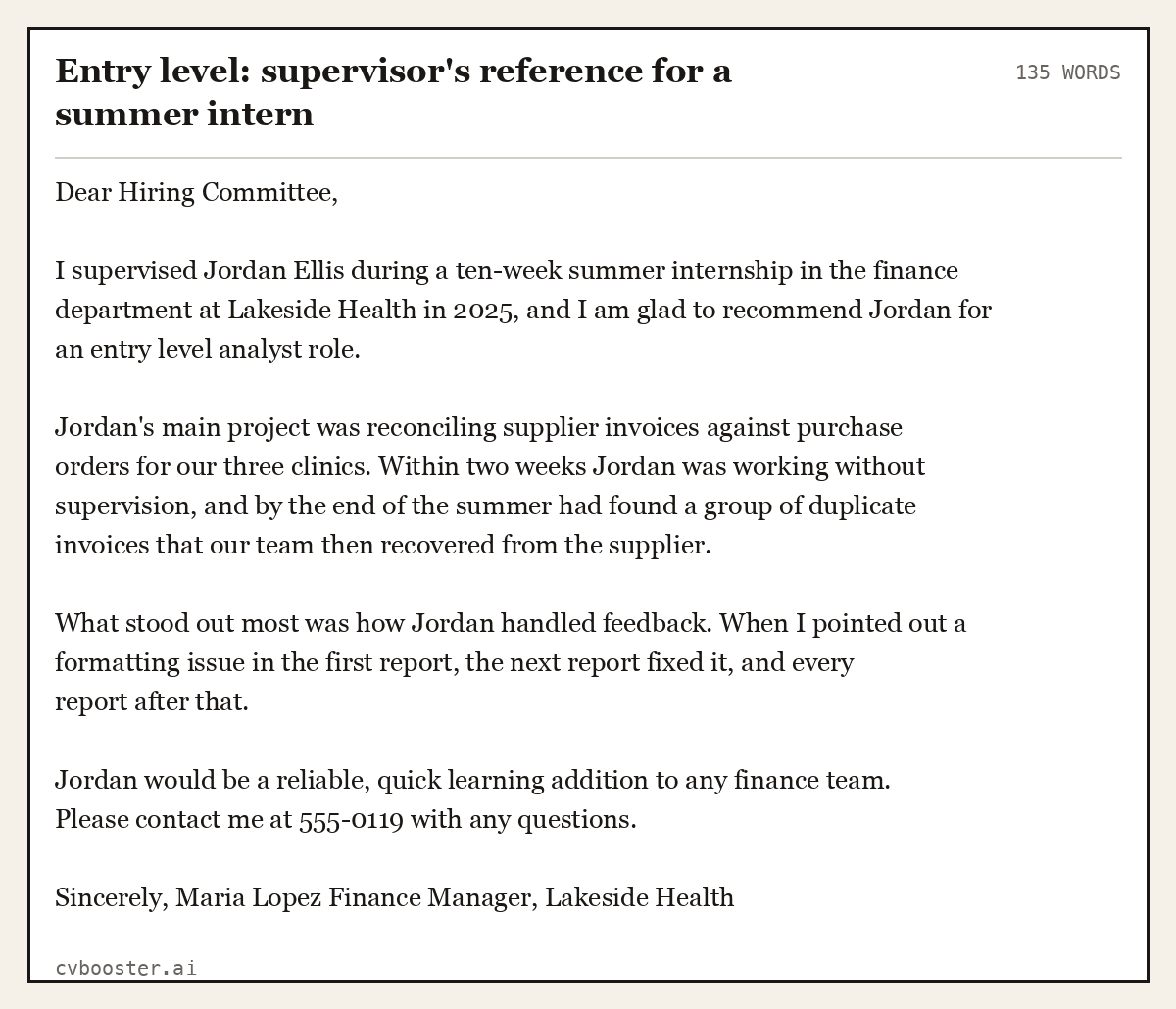 Complete Entry level: supervisor's reference for a summer intern example, 135 words, laid out as it would sit in the application form