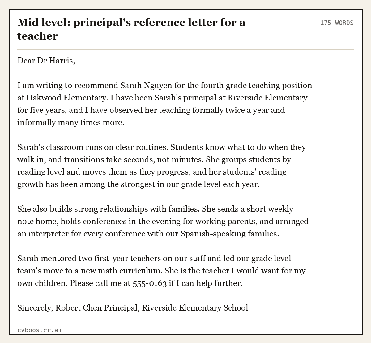 Complete Mid level: principal's reference letter for a teacher example, 175 words, laid out as it would sit in the application form