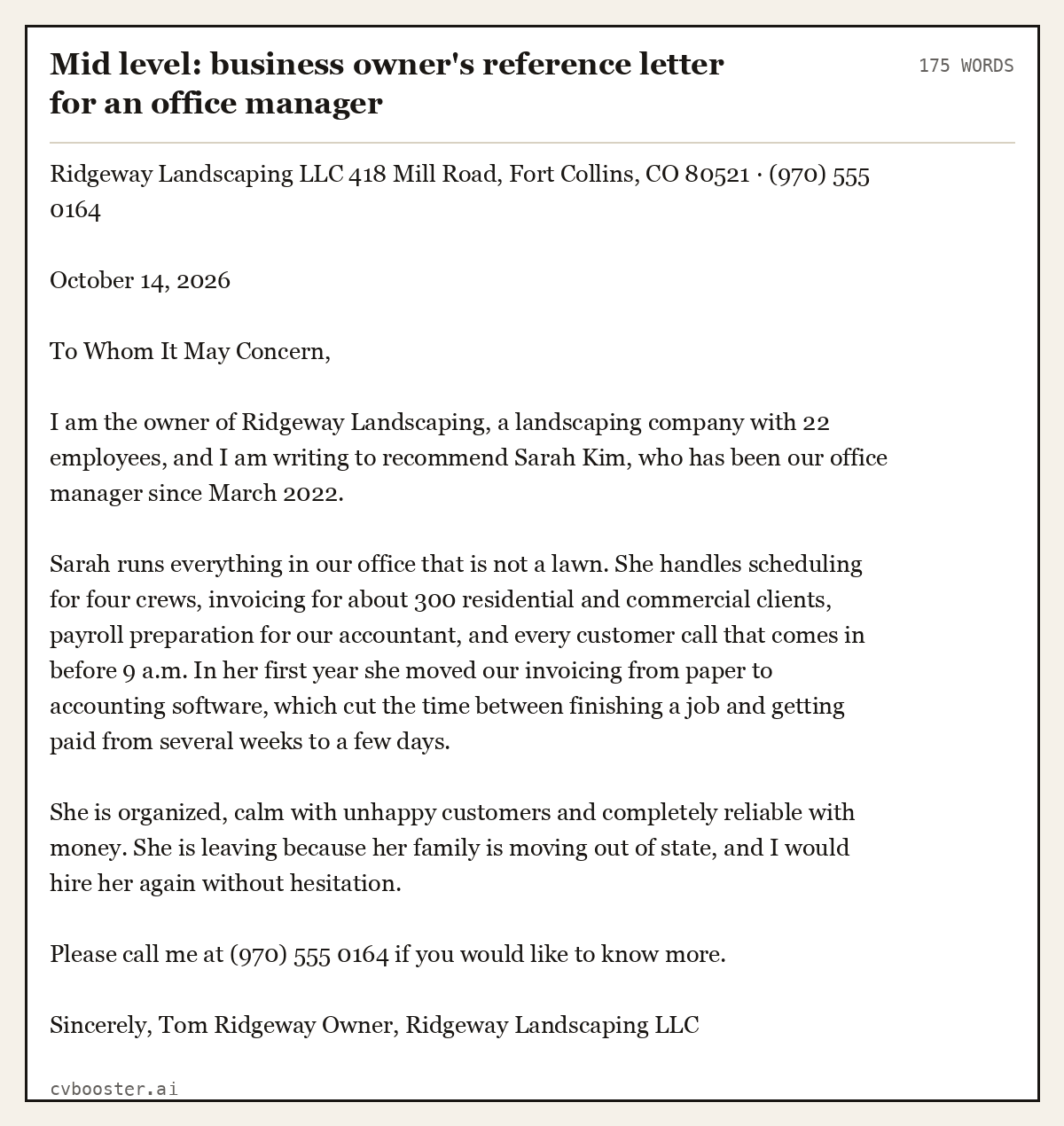 Complete Mid level: business owner's reference letter for an office manager example, 175 words, laid out as it would sit in the application form