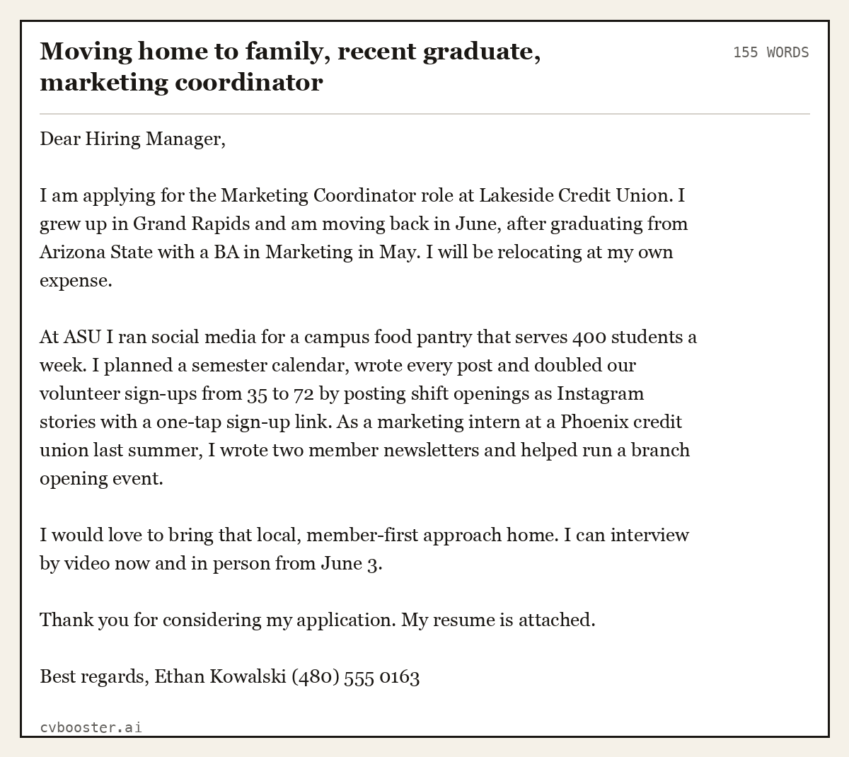 Complete Moving home to family, recent graduate, marketing coordinator example, 155 words, laid out as it would sit in the application form