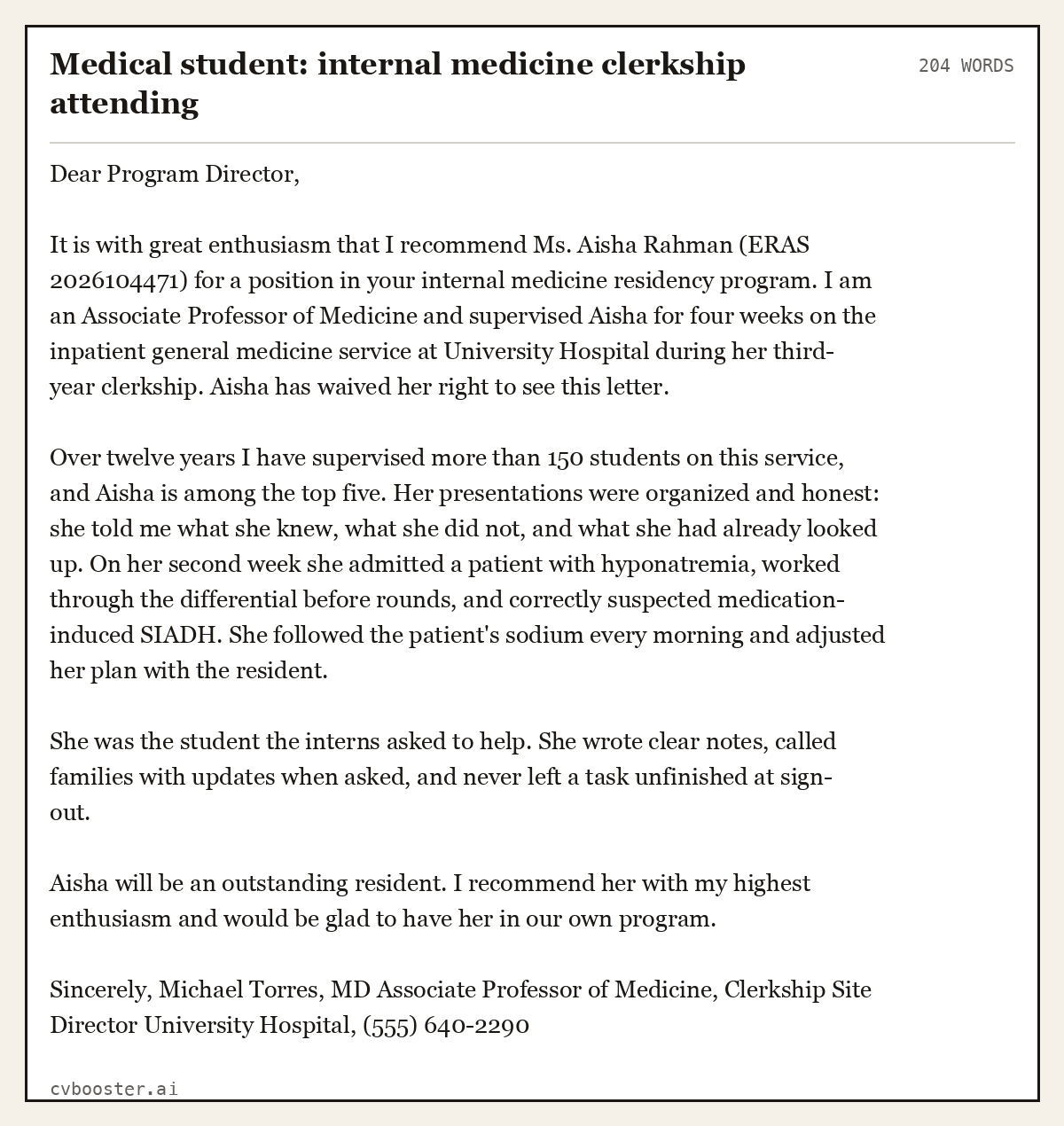Complete Medical student: internal medicine clerkship attending example, 204 words, laid out as it would sit in the application form