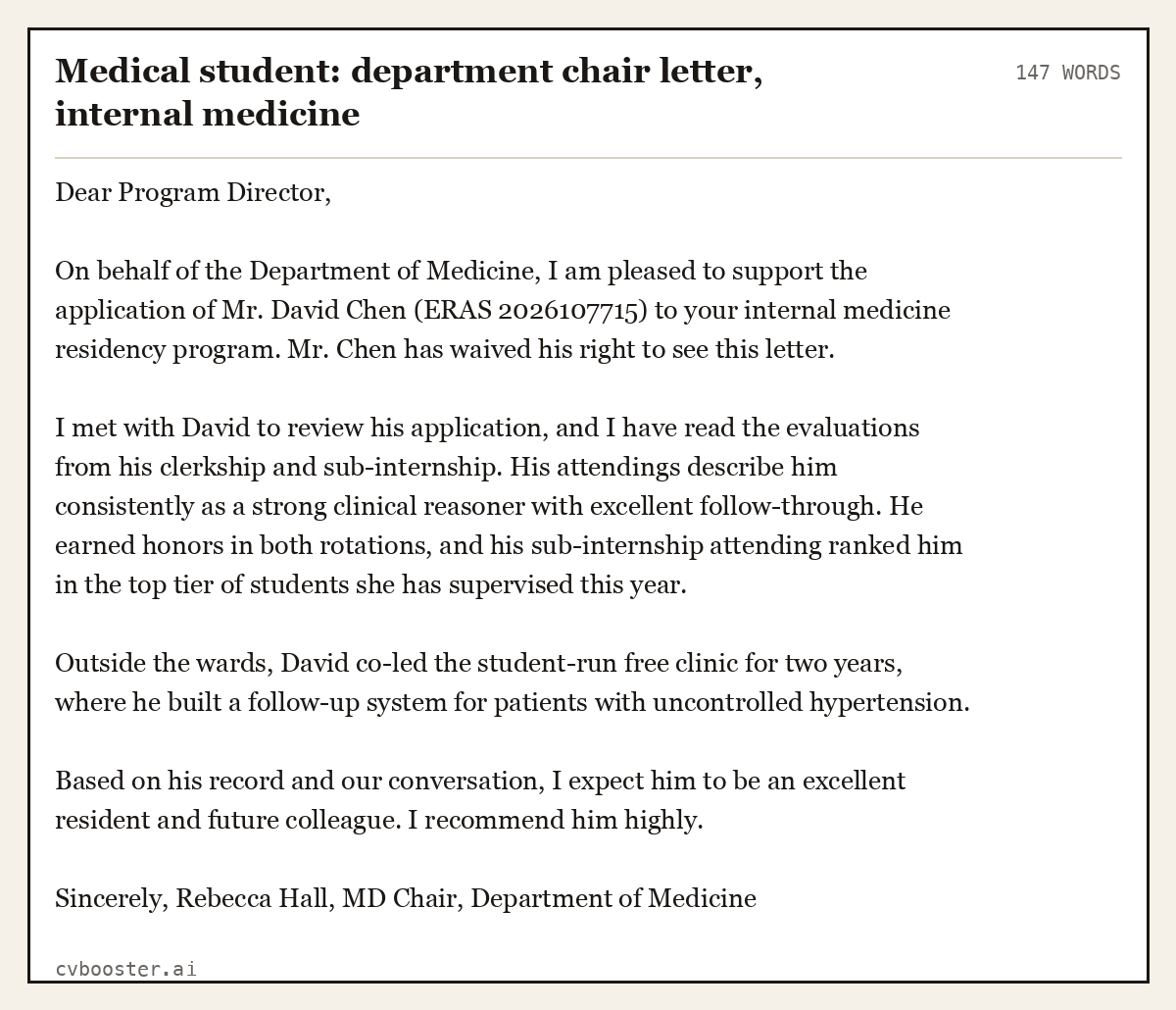 Complete Medical student: department chair letter, internal medicine example, 147 words, laid out as it would sit in the application form